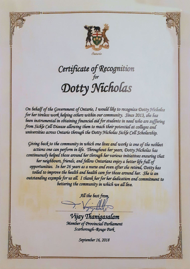 Vijay Thanigasalam-Certificate-of-recognition-2019-DNSC-Annual-Sickle-Cell-Scholarship-Award-And-Fundraising-Banquet